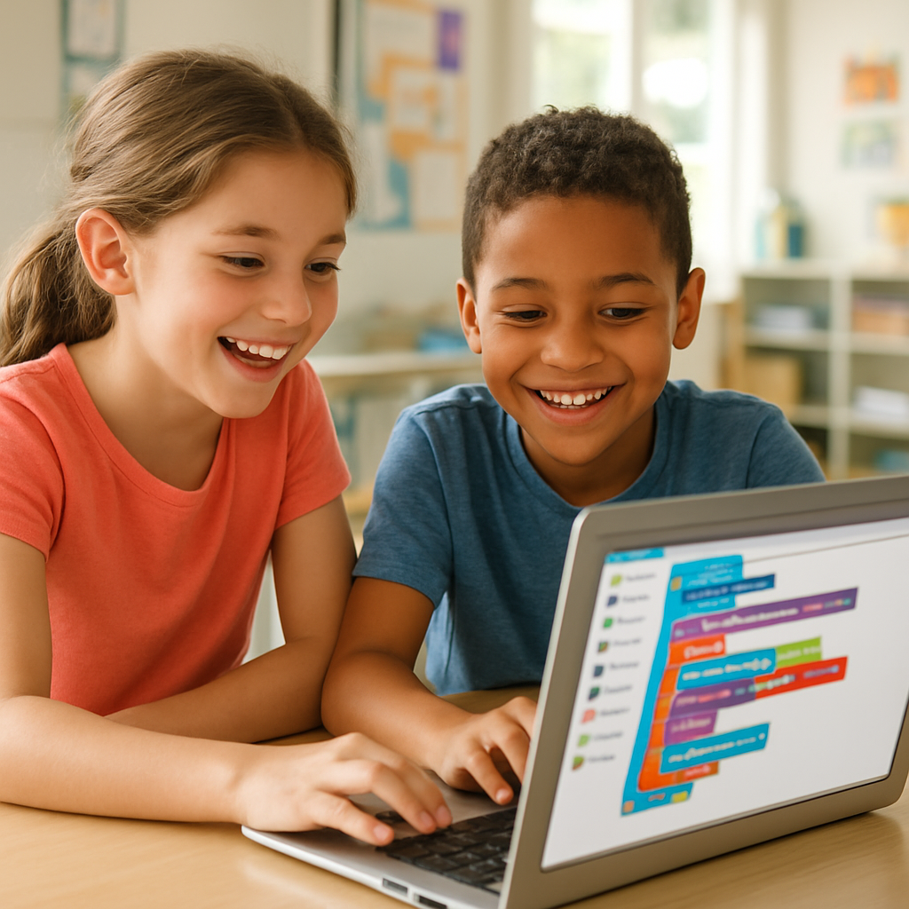 Two kids coding together on a laptop at summer camp
